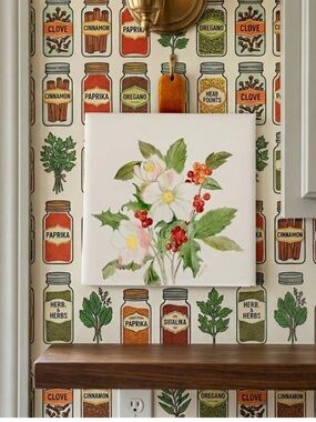 1980 Ceramic Art Tile Hand Painted Botanical Signed “Rene 80” Cottage Grandma